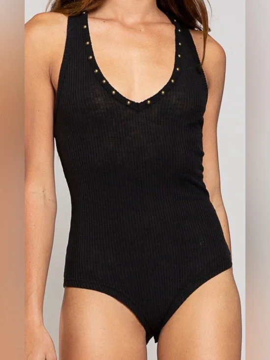 NWT POL Clothing Boho Festival Black Studded V-Neck Ribbed Tank Top Bodysuit - Picture 7 of 9
